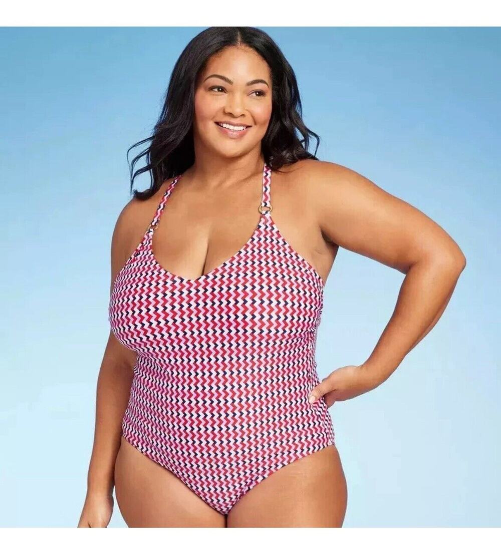 Kona Sol Red & Blue Geo Print Ring Strap Detail One Piece Swimsuit Women’s 20